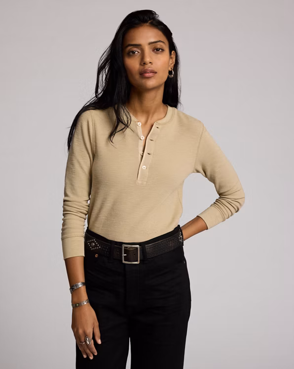 Garment-Dyed Waffle-Knit Henley Shirt