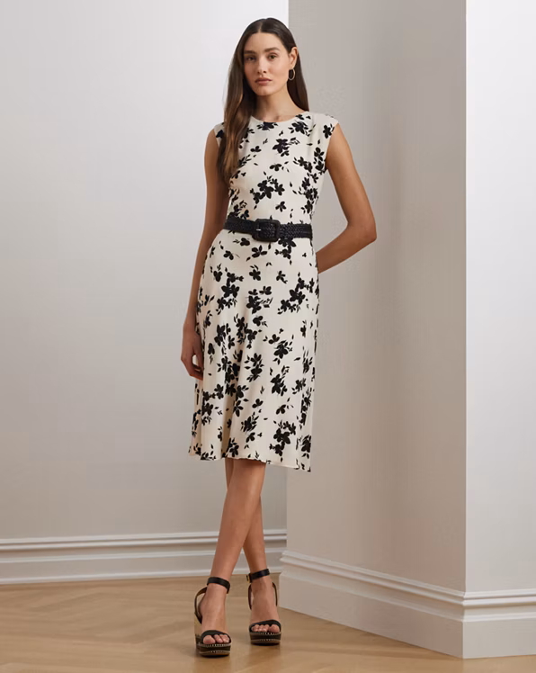 Floral Belted Bubble Crepe Dress