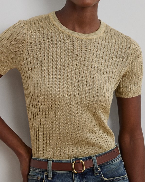 Metallic Rib-Knit Short-Sleeve Jumper