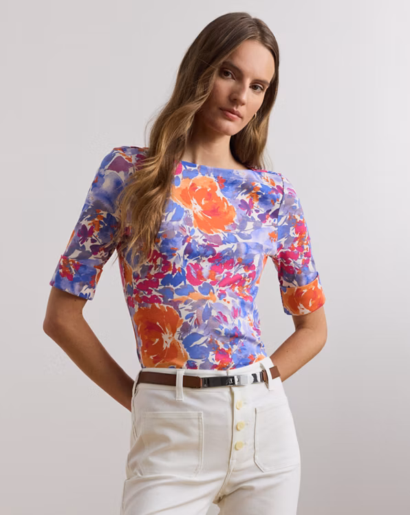 Floral Stretch Cotton Boatneck T-shirt