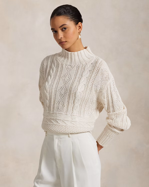 Aran-Knit Cotton Mockneck Jumper