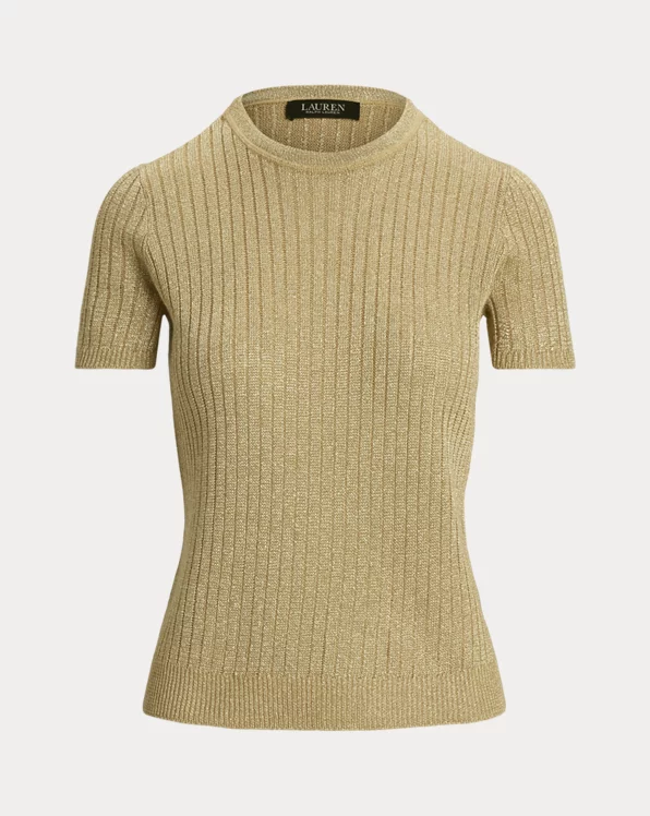 Metallic Rib-Knit Short-Sleeve Jumper
