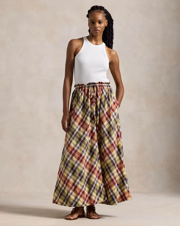 Plaid Cotton Drawstring Maxiskirt