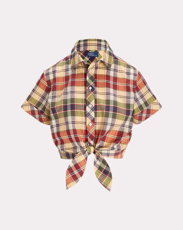 Cropped Plaid Cotton Tie-Front Top