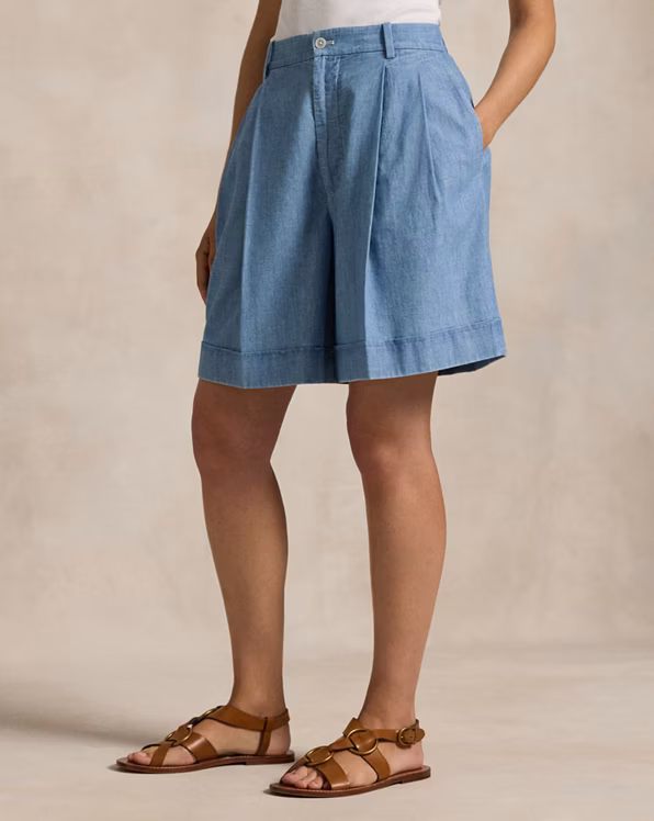 Pleated Cotton Chambray Short