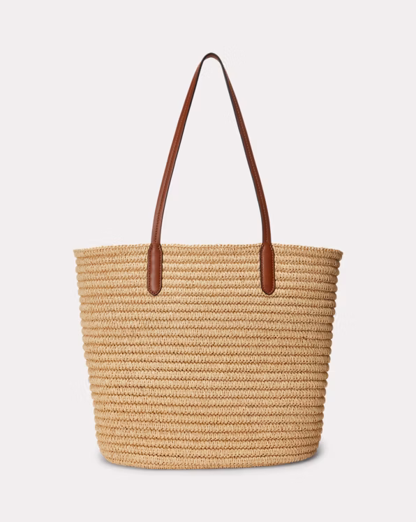 Leather-Trim Straw Large Brie Tote Bag