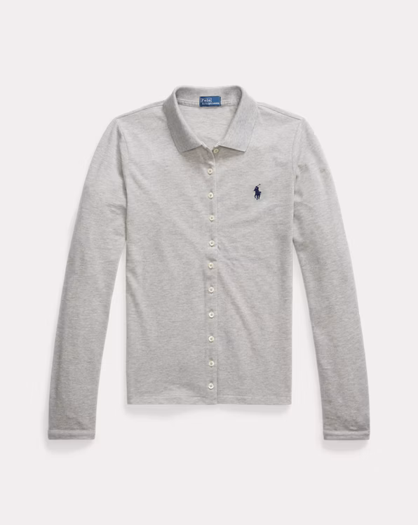 Buttoned-Placket Long-Sleeve Polo Shirt
