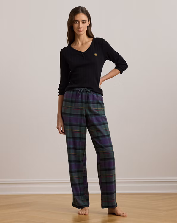 Plaid Cotton-Blend Henley Pyjama Set