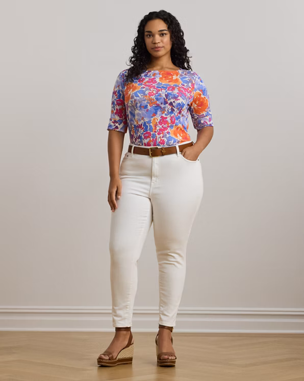 Floral Stretch Cotton Boatneck T-shirt