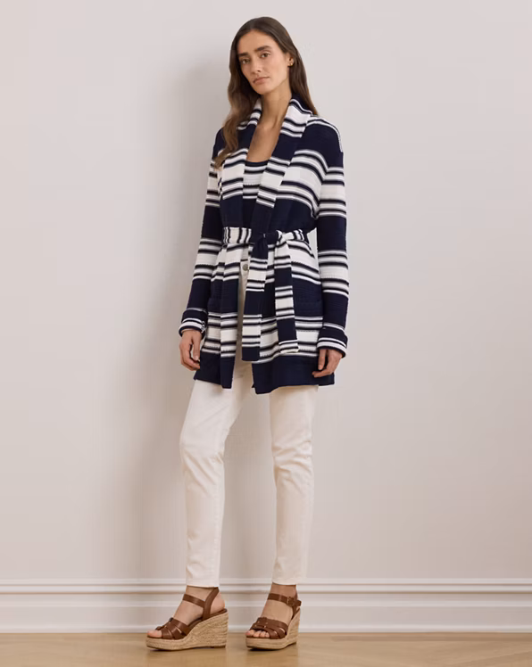 Striped Belted Cotton-Blend Cardigan
