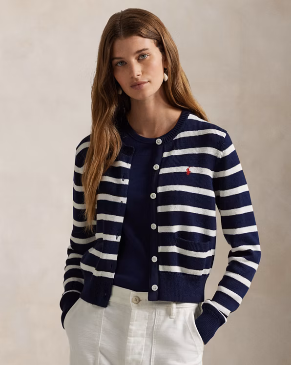 Striped Cotton Crewneck Cardigan