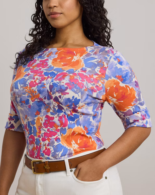 Floral Stretch Cotton Boatneck T-shirt