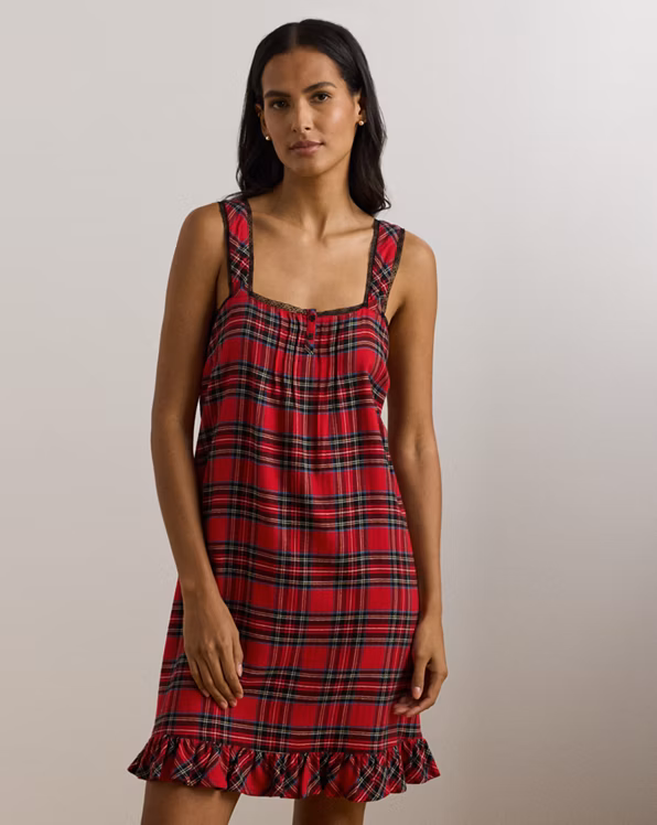 Plaid Lace-Trim Brushed Twill Nightgown
