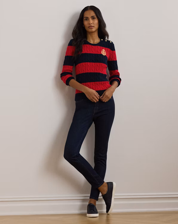 Striped Button-Trim Cable-Knit Jumper