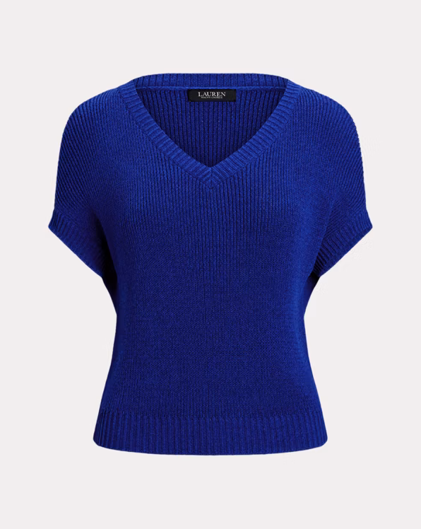 Rib-Knit Short-Sleeve V-Neck Jumper