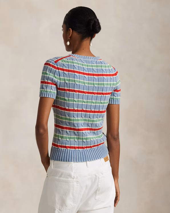 Striped Cable-Knit Short-Sleeve Jumper