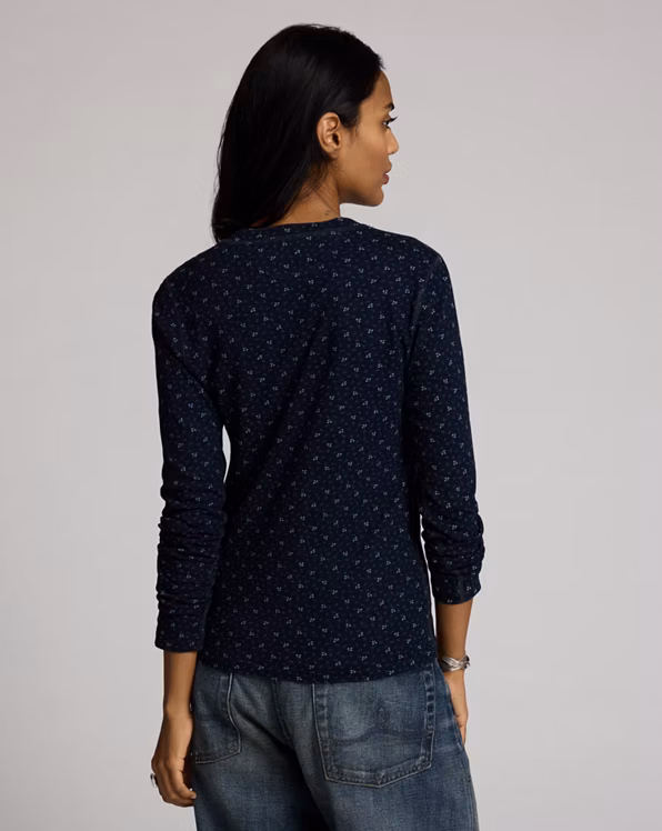 Indigo Floral Cotton-Linen Henley