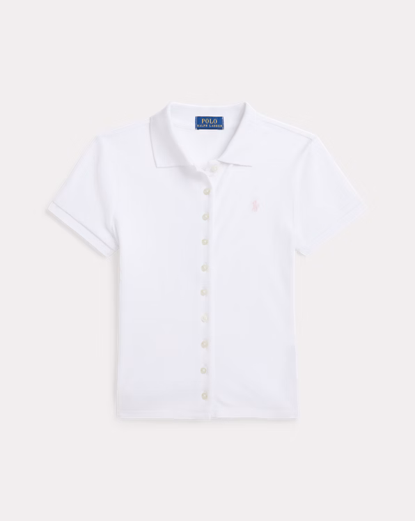 Button-Front Stretch Mesh Polo Shirt