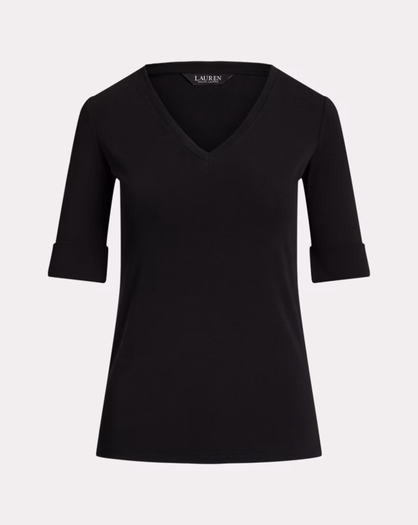 Stretch Cotton Elbow-Sleeve V-Neck Tee