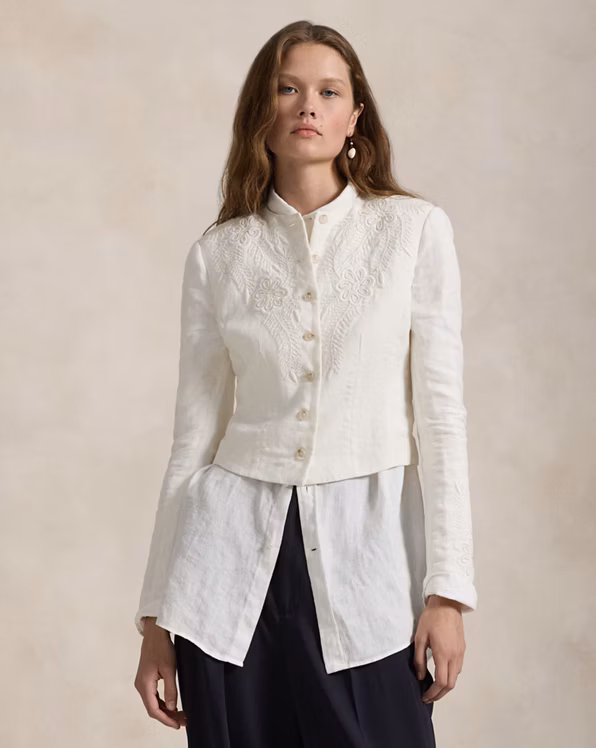 Floral-Embroidered Linen Jacket