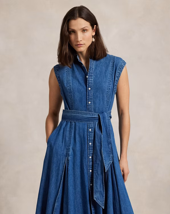 Belted Denim Sleeveless A-Line Dress
