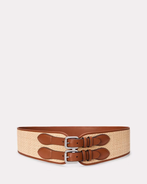 Raffia & Leather Double-Buckle Wide Belt