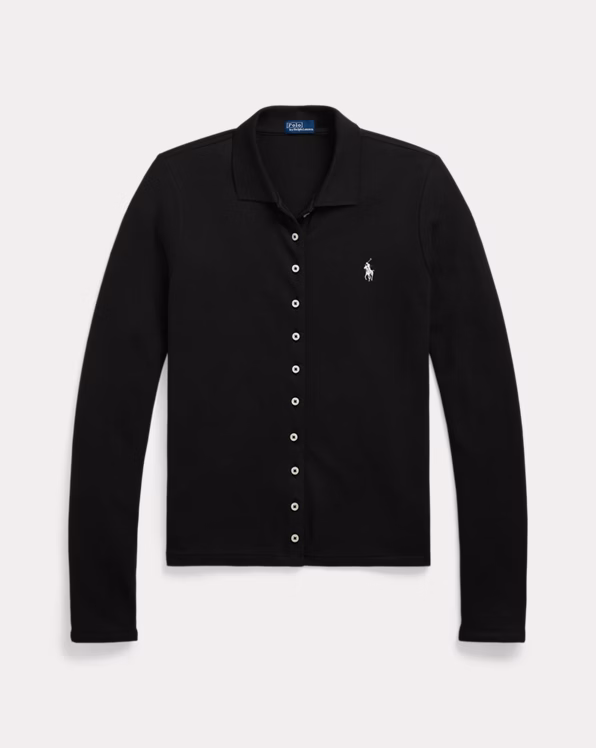 Buttoned-Placket Long-Sleeve Polo Shirt