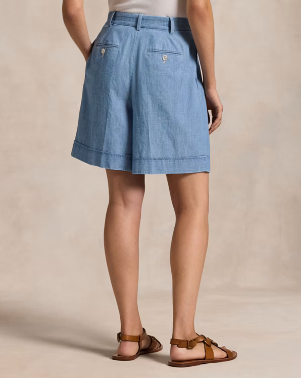Pleated Cotton Chambray Short