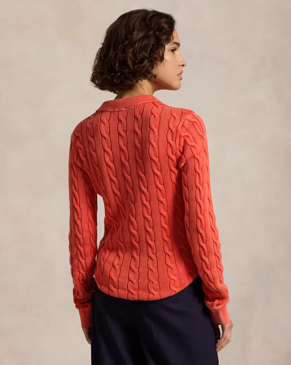 Cable-Knit Cotton Long-Sleeve Polo Shirt