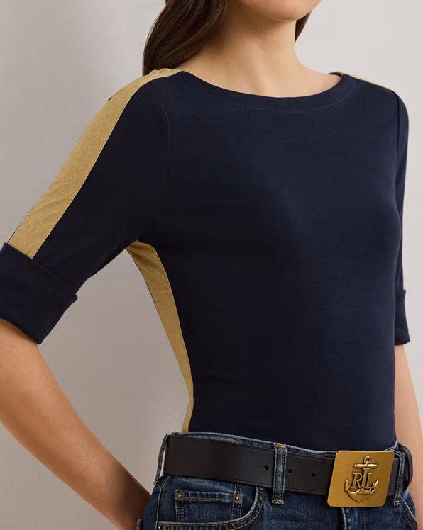 Two-Tone Stretch Cotton Elbow-Sleeve Tee