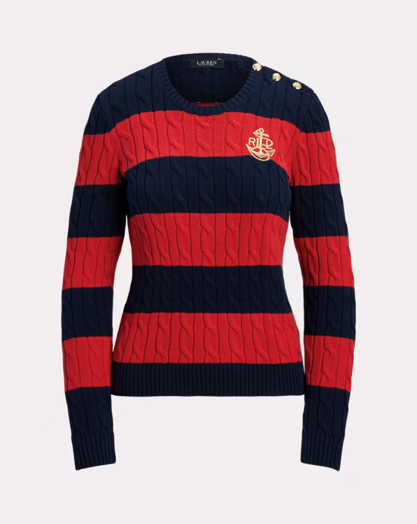 Striped Button-Trim Cable-Knit Jumper