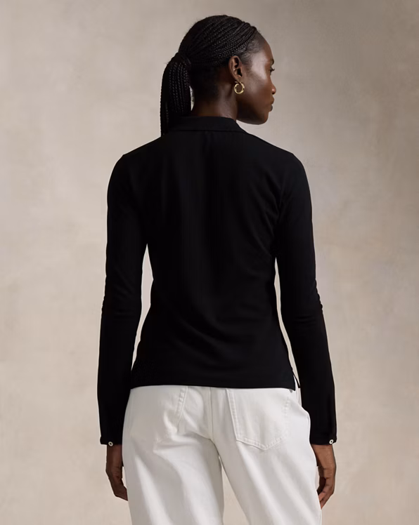 Buttoned-Placket Long-Sleeve Polo Shirt