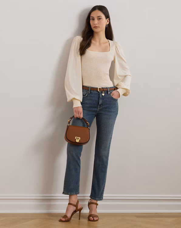 Smocked Jersey Blouson-Sleeve Top