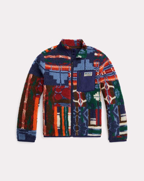 Patchwork-Print Teddy Fleece Jacket