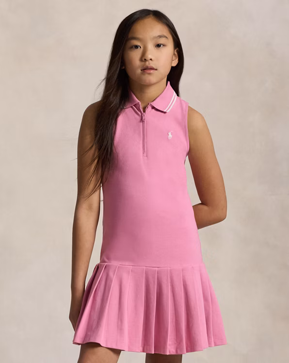 Pleated Stretch Mesh Polo Dress
