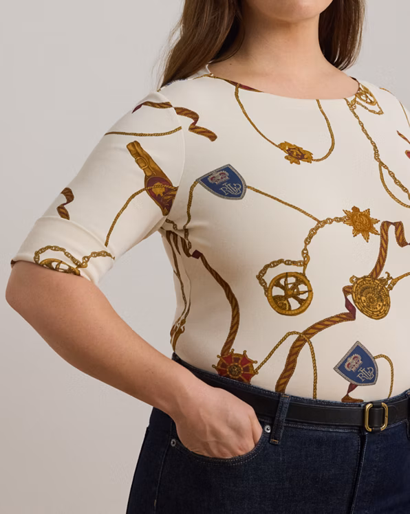 Print Stretch Cotton Boatneck T-Shirt