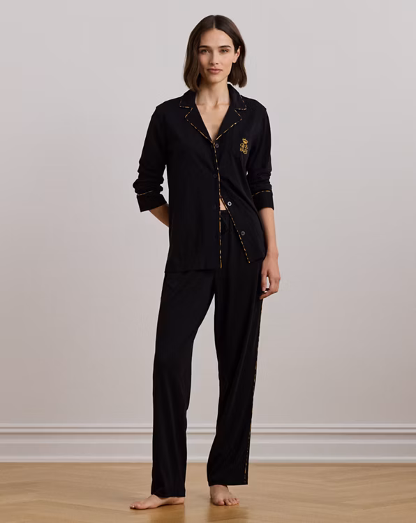 Leopard-Print-Trim Jersey Sleep Set