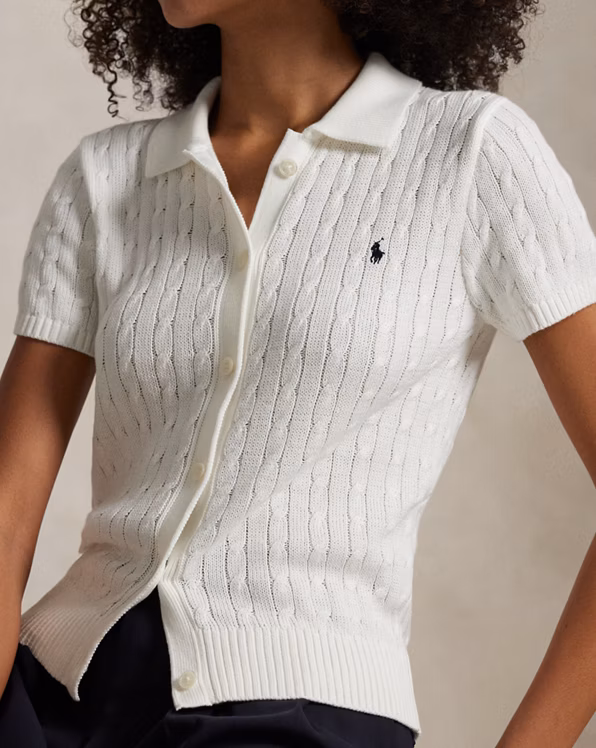 Cable Cotton Short-Sleeve Polo Cardigan