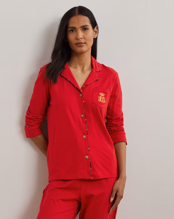 Plaid-Trim Jersey Sleep Set