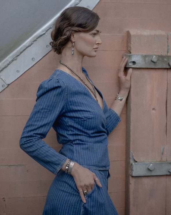 Indigo Striped Denim Wrap Top