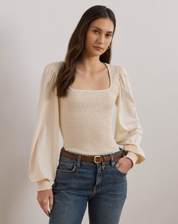 Smocked Jersey Blouson-Sleeve Top