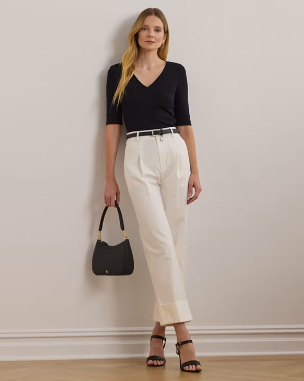 Stretch Cotton Elbow-Sleeve V-Neck Tee