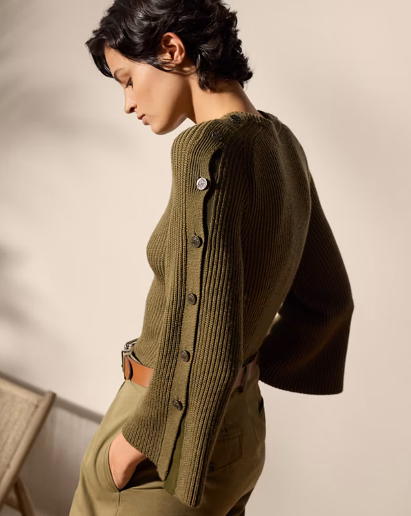 Rib-Knit Wool-Silk Button-Sleeve Jumper