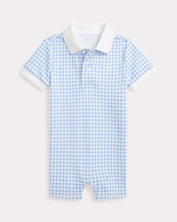 Gingham-Print Soft Cotton Polo Shortall