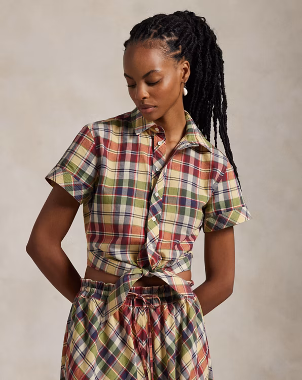 Cropped Plaid Cotton Tie-Front Top