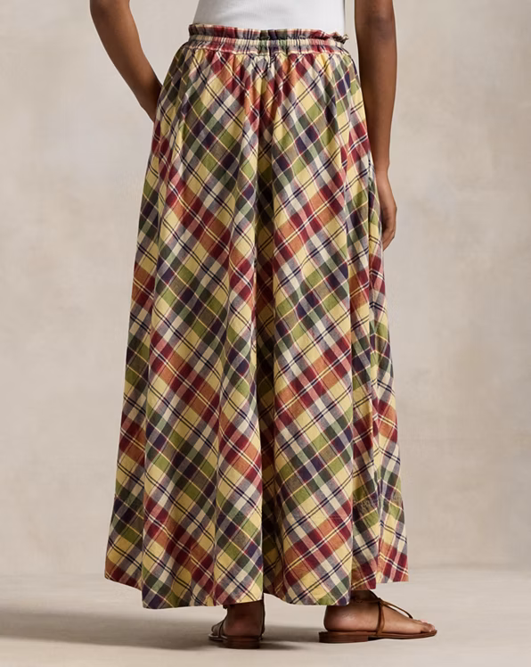 Plaid Cotton Drawstring Maxiskirt