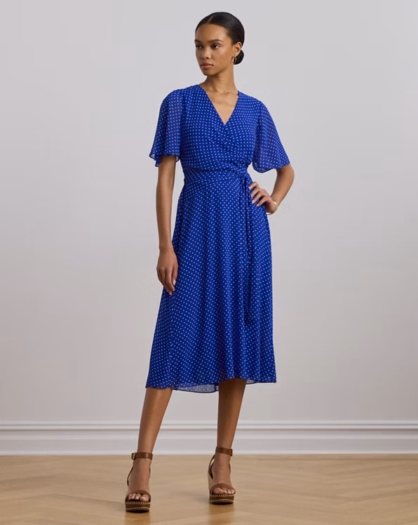Polka-Dot Belted Crinkle Georgette Dress