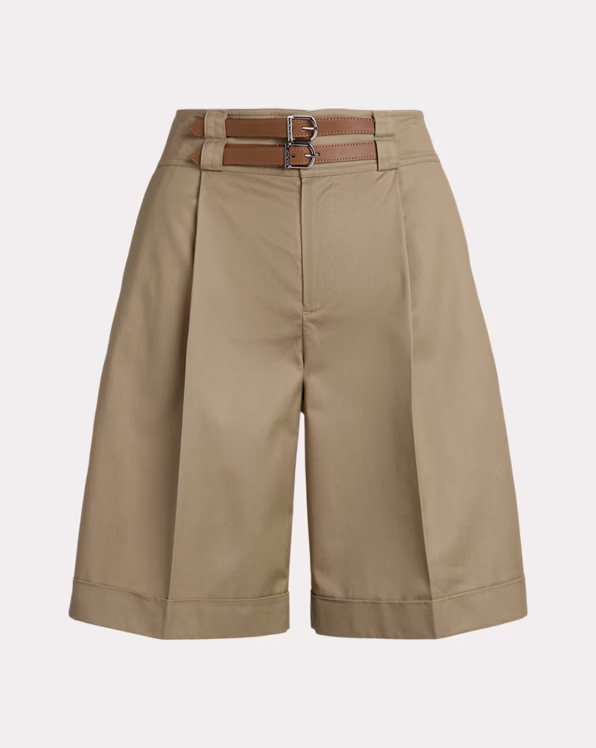 Buckle-Trim Pleated Cotton Twill Short