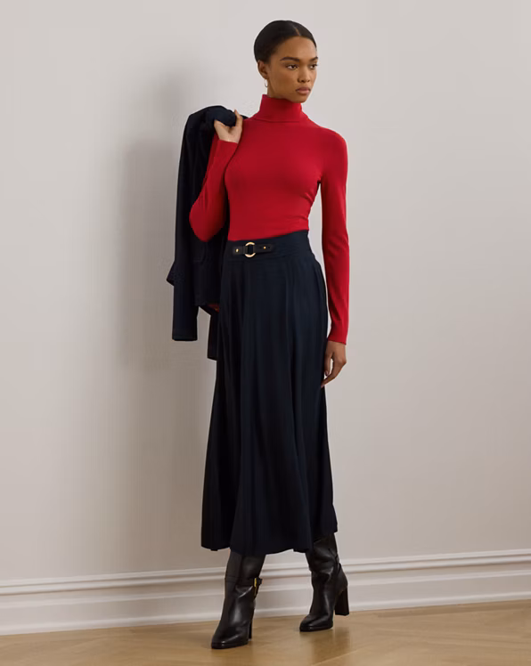 Buckle-Trim Twill Midi Skirt