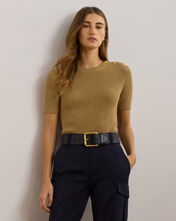 Metallic Rib-knit Short-Sleeve Jumper